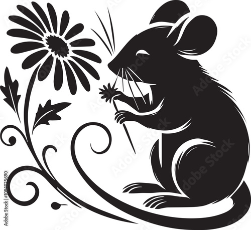 Silhouette of a mouse with long whiskers sniffing at a flower