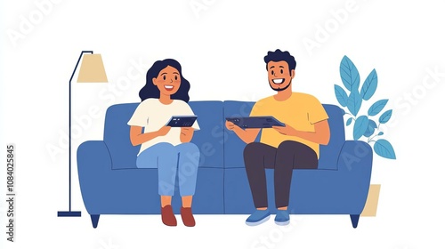 Enjoying Digital Moments: A Modern Couple's Relaxation on the Couch with Technology