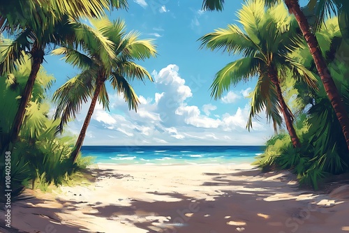 Palm Tree Framed Beach Scene Sunny Skies and Tranquil Waters