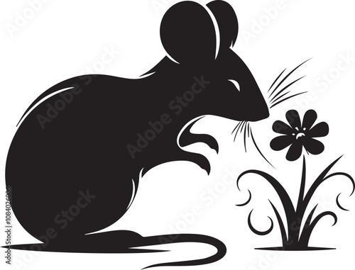 Silhouette of a mouse with long whiskers sniffing at a flower