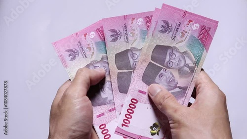 Man's hand is holding and counting banknotes.