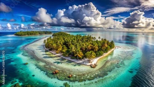 Aerial view of tropical paradise island with blue lagoon, atoll of Rangiroa, Tuamotu archipelago, French Polynesia, Pacific Ocean photo