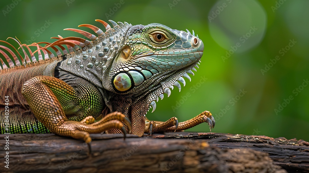 Fototapeta premium A close-up of a vibrant iguana resting on a log, showcasing its detailed scales and colorful features against a blurred background.