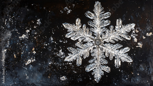 Highly Detailed Illustration of a Crystalline Snowflake with Intricate Geometry, Perfect for Winter and Seasonal Art Themes photo