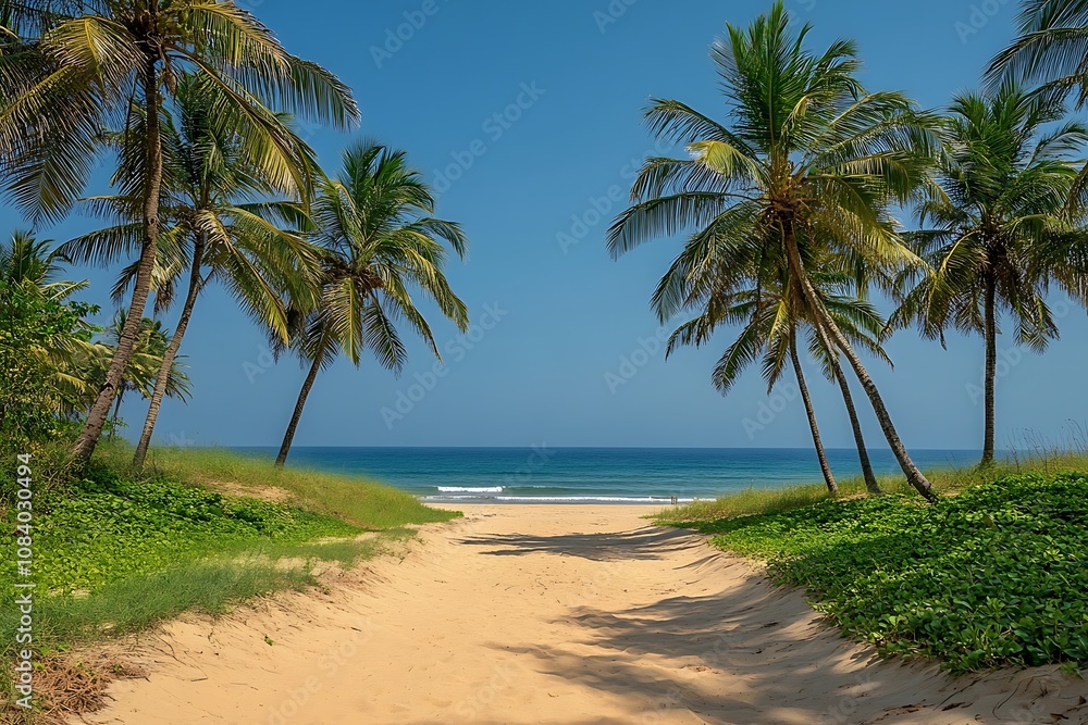 Fototapeta premium Palm Tree Pathway to a Tranquil Beach Escape