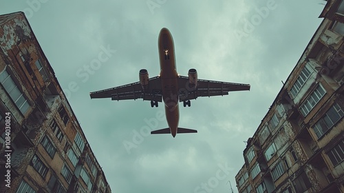 A plane passing over a structureA plane passing over a structure photo