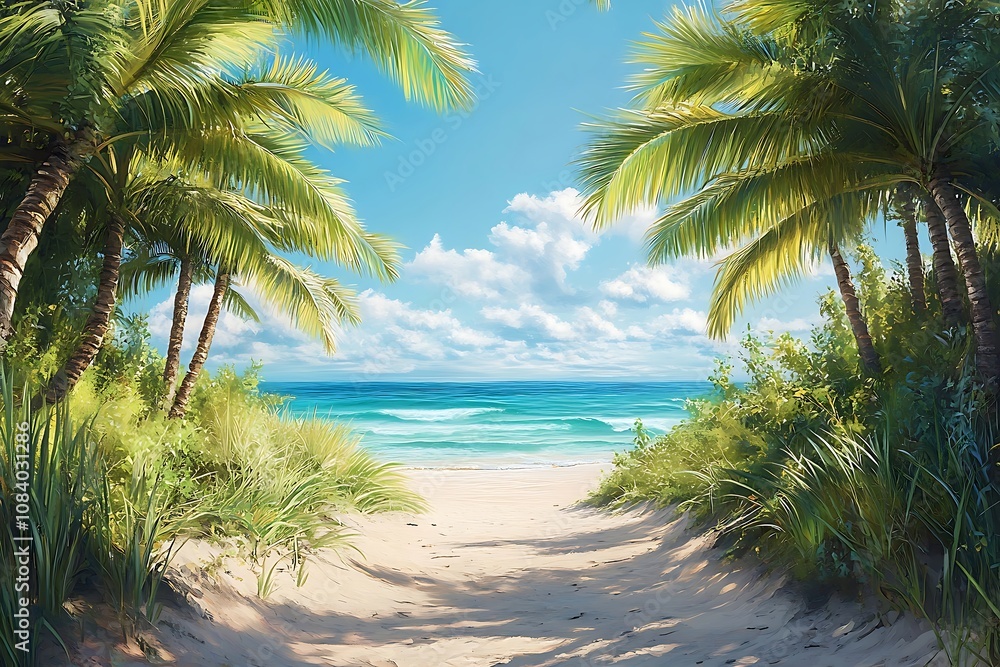 Fototapeta premium Palm Tree Pathway to Serene Beach Escape