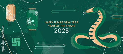 2025 Lunar New Year Banner. Year of the Snake Design with Elegant Serpent Illustration, Hanging Lanterns, and Traditional Patterns on a Green Background