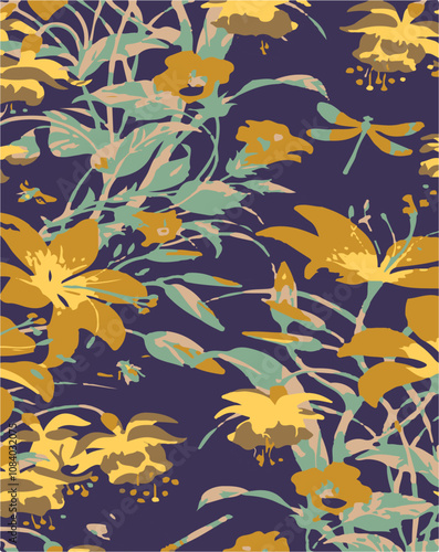 Big flowers pattern, upscale floral pattern. graphical textures floral, trendy colors pattern , flowers background with leaves. vector illustration.