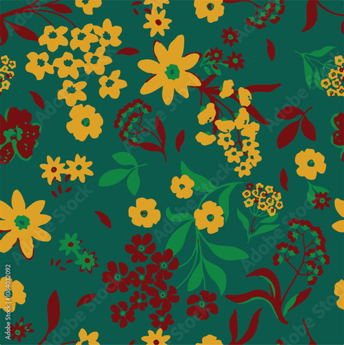 Big flowers pattern, upscale floral pattern. graphical textures floral, trendy colors pattern , flowers background with leaves. vector illustration.