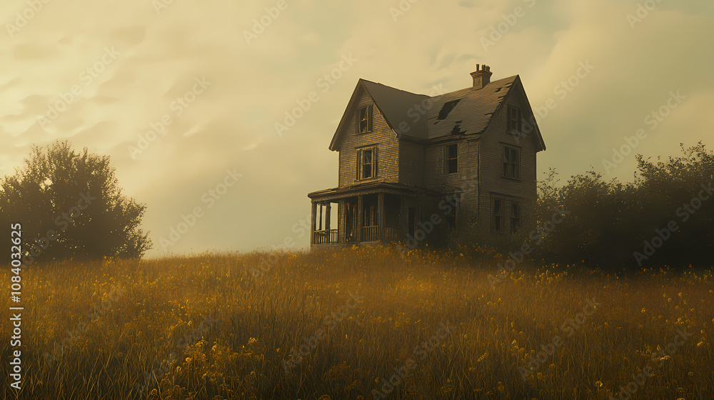 Fototapeta premium Haunting abandoned house in overgrown field eerie atmosphere concept. Haunting. Illustration