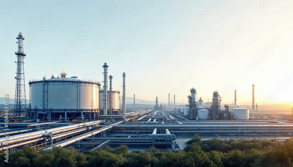 Obraz premium A sprawling energy hub with LNG tanks, pipelines, and advanced gas distribution systems.