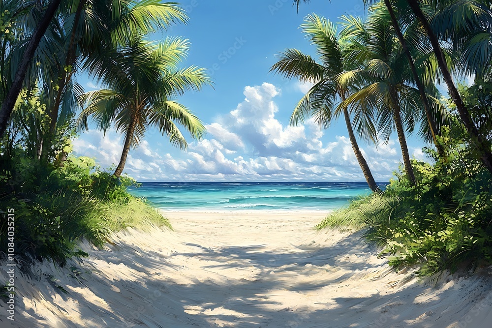 Obraz premium Palm Trees Leading to Tropical Beach with Sunbeams