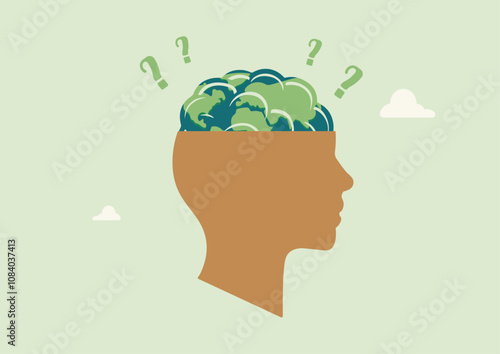 Sustainable Thinking Concept Illustration. Human Head With map of the world instead of the brain, Perfect for Mental Health, Nature, and Growth Concepts. Green thinking concept. Vector illustration