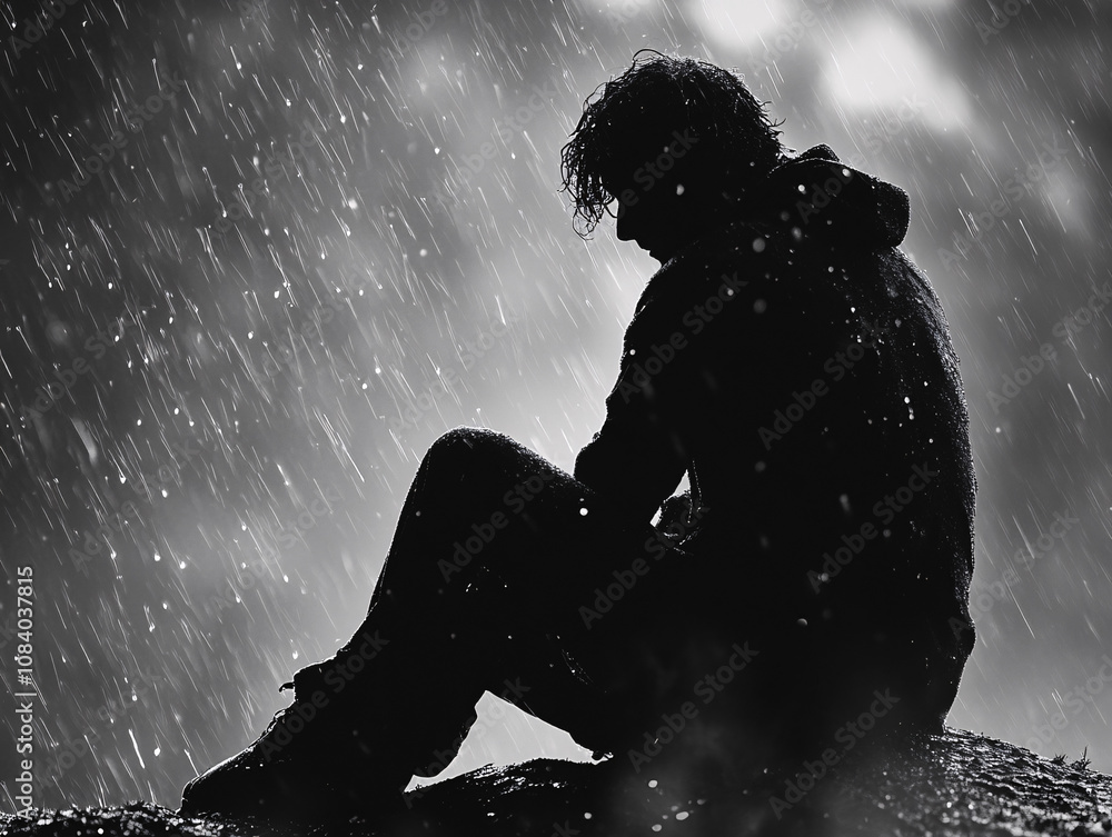 Obraz premium Black-and-White Silhouette of a Person Sitting in the Rain, Expressing Sadness and Solitude in an Emotional and Dramatic Composition
