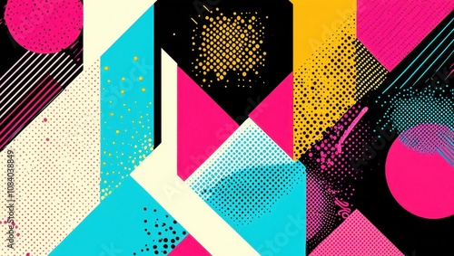 Geometric abstract composition, vibrant colors, retro Memphis style, bold shapes, diagonal lines, colorful circles, black grid patterns, teal blue background, neon pink triangle, yellow circle, layere photo