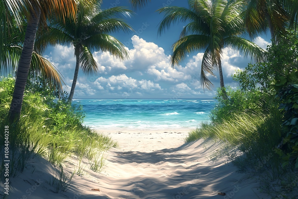 Obraz premium Palm Trees Framing a Tranquil Beach Path2