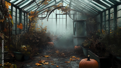 An empty halloween-themed greenhouse, with wilting autumn plants, pumpkin decorations, and fog. Haunting. Illustration photo