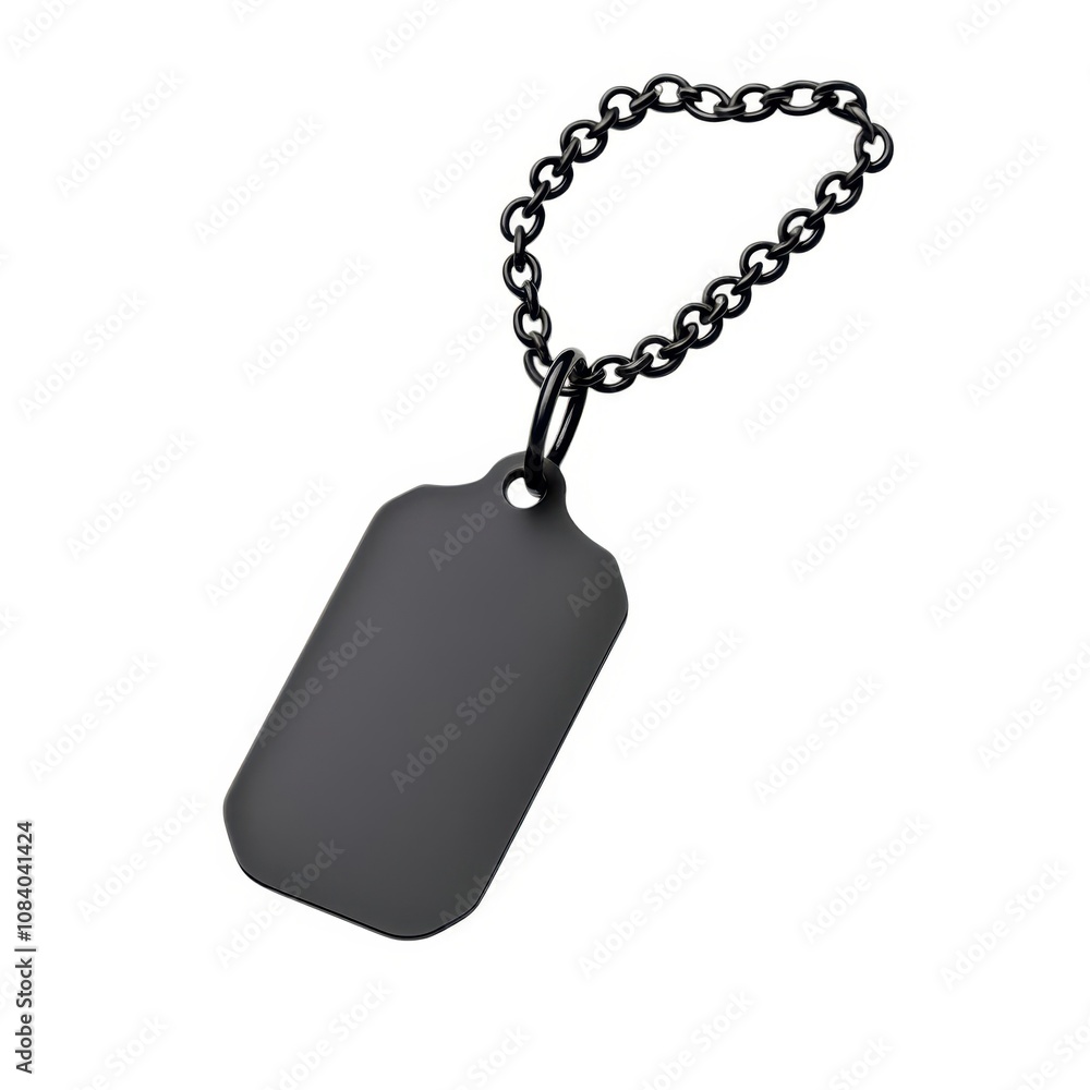 Fototapeta premium A sleek, black dog tag on a chain, showcasing a minimalist design ideal for personalization or identification purposes.