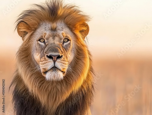 a captivating close-up of a majestic old male lion, showcasing its magnificent mane and wise expression, set against a subtle natural background, conveying strength and regal beauty