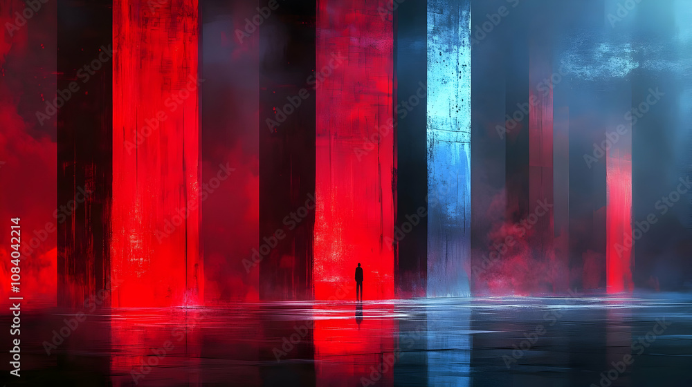 Naklejka premium Digital Painting: Red and Blue Pillars Abstract Background