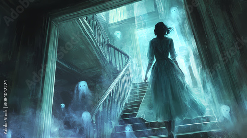 Dive into a haunting adventure with a stylish woman exploring a spooky mansion filled with ghostly apparitions. Haunting. Illustration photo