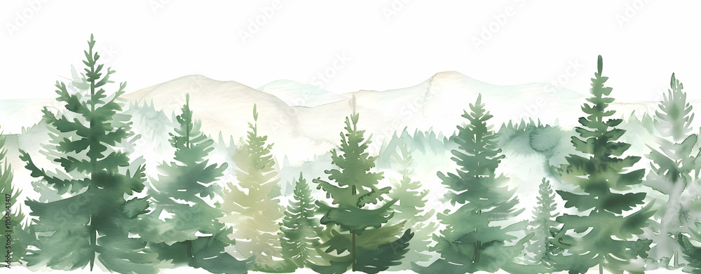 Fototapeta premium A simple watercolor illustration of a forest with pine trees in the background