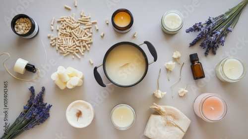 Wallpaper Mural A serene flat lay of candle-making materials, featuring a black pot filled with melted wax, lavender, and various candles, creating a calming aesthetic. Torontodigital.ca