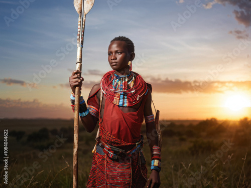 Striking young Maasai warrior wearing a vibrant red shuka, adorned with intricate beaded jewelry, holding a spear against a sunset-lit African savanna backdrop. Generative AI