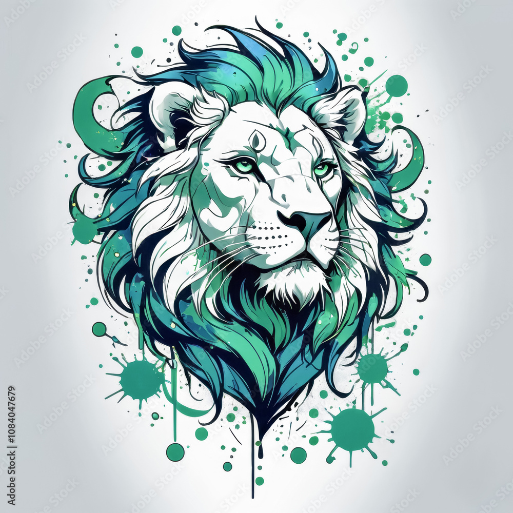 Fototapeta premium Vibrant green lion head with abstract paint splashes