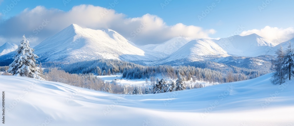 Obraz premium A snow covered mountain range with trees in the foreground