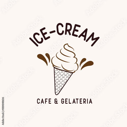 Creative ice-cream shop logo design,vector emblem. Soft ice cream in wafer cone with sweet chocolate syrup drops for Italian gelato and ice cream shop or cafe menu