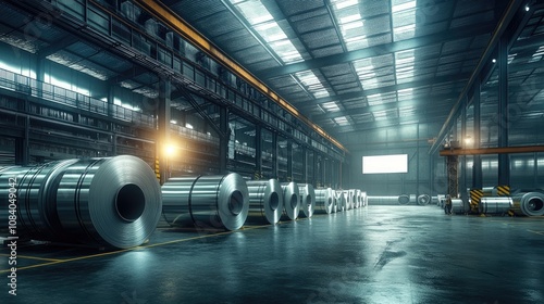 Interior View of a Modern Industrial Warehouse with Stacked Steel Coils in a Brightly Lit Environment, Showcasing an Organized Manufacturing Space photo