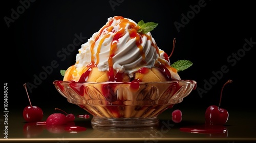 A photo of a peach melba sundae