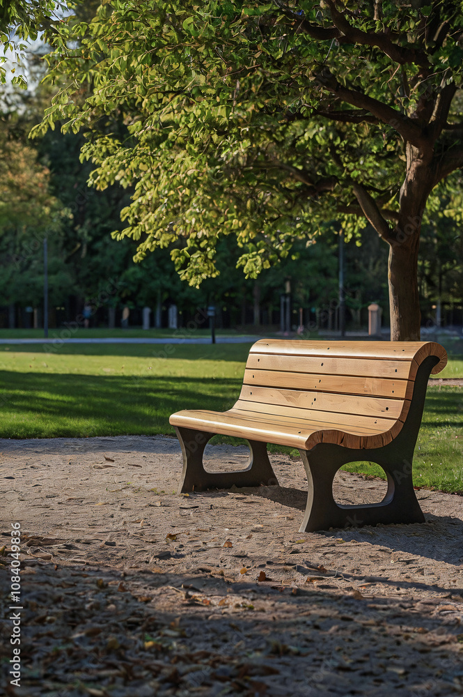 Fototapeta premium A Park scene with wooden bench in warm morning sunlight, surrounded by lush greenery and black lamppost. Intricate shadows on cobblestone pathway create depth, evoking tranquility & natural beauty.