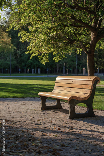 A Park scene with wooden bench in warm morning sunlight, surrounded by lush greenery and black lamppost. Intricate shadows on cobblestone pathway create depth, evoking tranquility & natural beauty.