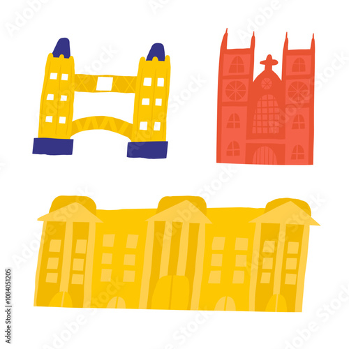 Cute England, english, UK, United Kingdom objects, composition with hand drawn doodle the Tower, Buckingham palace, Westminster abbey, church, cathedral, sightseeing. Tourist, travel, education signs