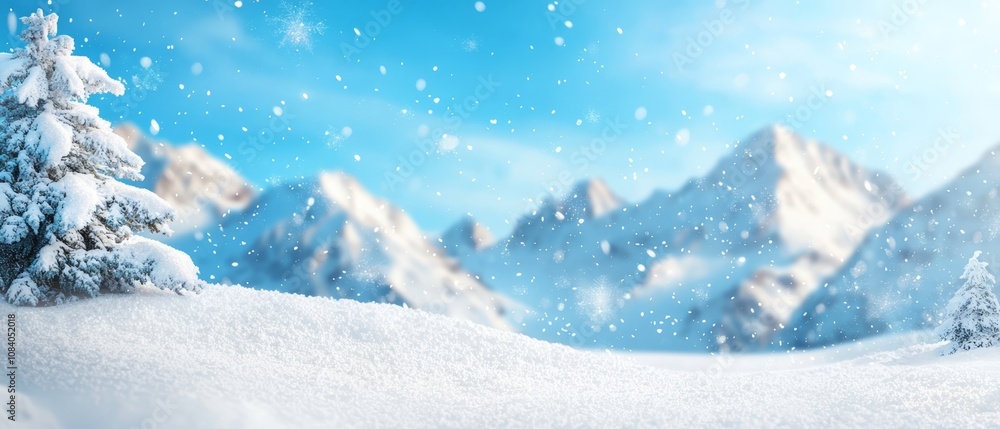 Obraz premium A snowy landscape with trees and mountains in the background