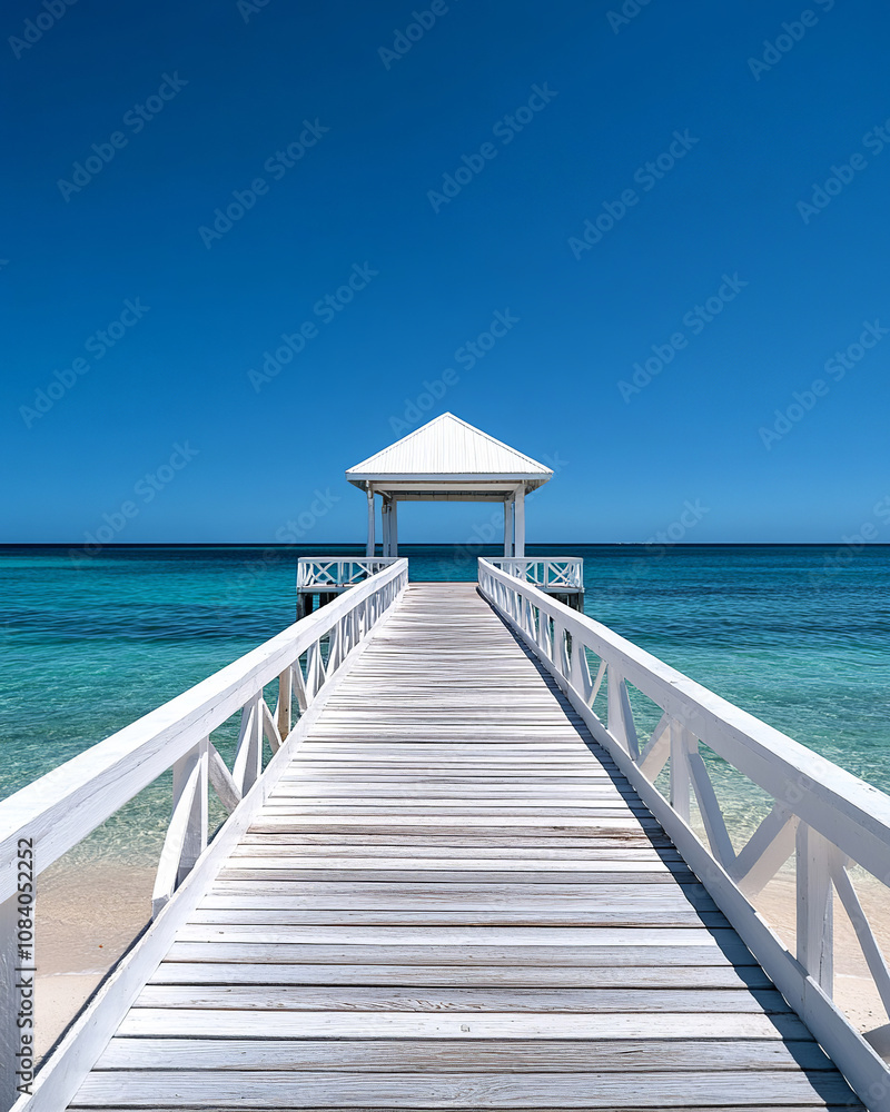 Fototapeta premium Clear blue sky, blue ocean, white sand, an old wooden pier with handrail jutting straight into the water, leading to a lookout point, low angle, shot on Hasselblad medium format, sunny, highly detaile