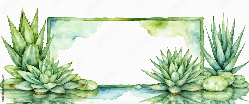 Fototapeta premium Aloe vera frame watercolor background