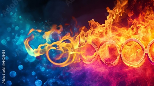 Explosive Artistic Interpretation of Olympic Rings with Flames and Vibrant Colors