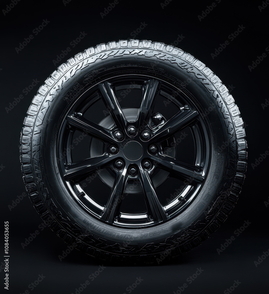 Obraz premium Black car wheel rim and tire showing tread pattern on dark background