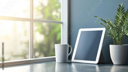 Wallpaper Mural Modern Workspace with Digital Tablet, Coffee Mug, and Potted Plant by Bright Window in Calm and Inviting Atmosphere for Creative Inspiration Torontodigital.ca