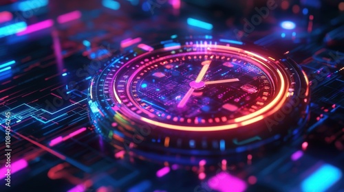 Wallpaper Mural Futuristic Neon Clock on a Circuit Board Torontodigital.ca