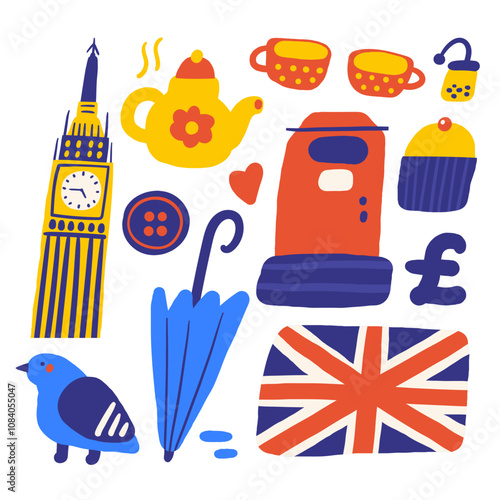 Wallpaper Mural Cute England, english, UK, United Kingdom objects, composition with hand drawn doodle mail box, umbrella, flag, cupcake, tea, cup, pot, button, pound, pigeon, Big Ben. Tourist, travel, education signs Torontodigital.ca