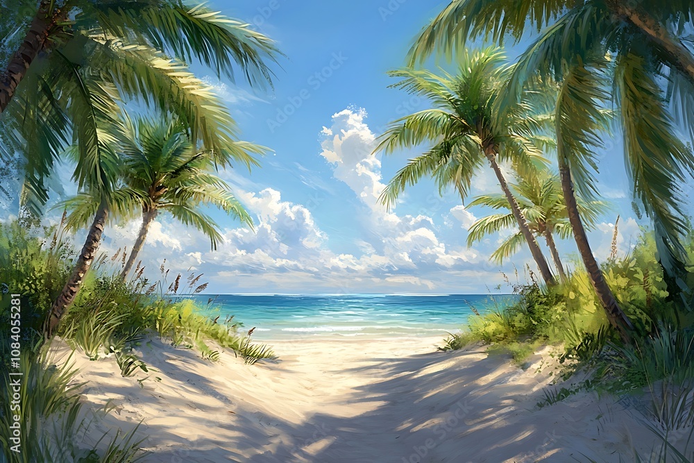 Obraz premium Tropical Beach Path Palm Trees and Turquoise Water