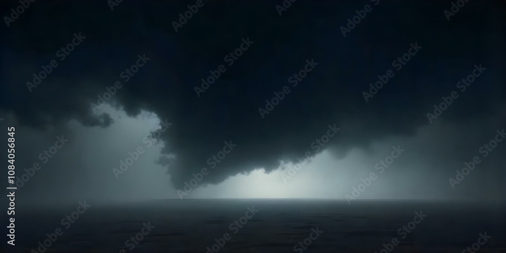 Fototapeta premium A dark, moody landscape with a low horizon and thick fog or mist obscuring the details. The sky is dark and ominous, creating an atmospheric and mysterious scene.