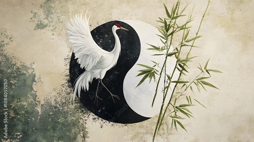 Naklejka premium Crane with yin yang symbol and bamboo in a serene setting