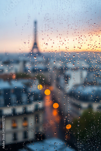 A close-up view of a rain-soaked window overlooking Paris, where raindrops act like tiny lenses, inverting and distorting the cityscape behind them. The drops are of various sizes, with the smaller on photo