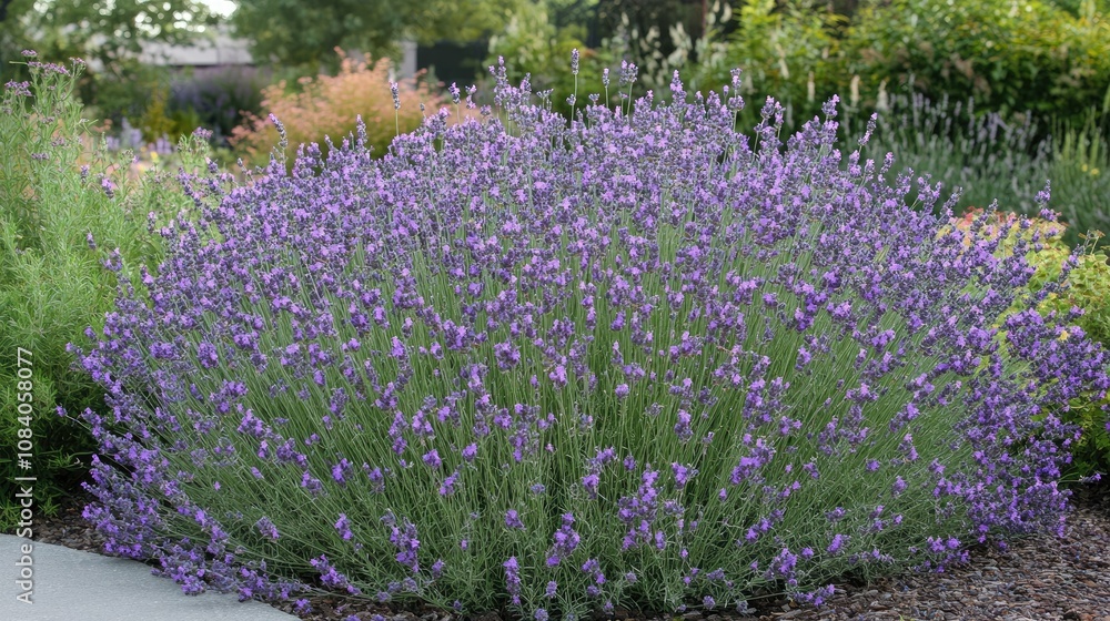 Obraz premium Vibrant Lavender Bush in Bloom Surrounded by Lush Green Foliage in a Well-Maintained Garden Setting, Showcasing Nature's Beauty and Serenity